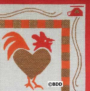 A red and brown rooster with a checkered border.