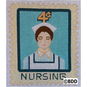 A cross stitch pattern of a nurse on a stamp.