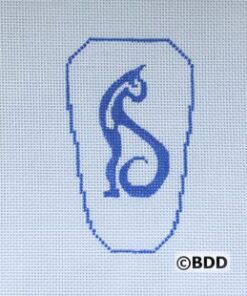 A blue and white picture of a cup with the letter s on it.