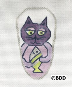 A purple cat with yellow eyes and a candle.