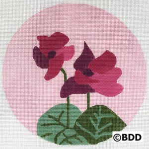 A round painting of two pink flowers.