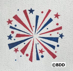 A red, white and blue firework design on a paper.