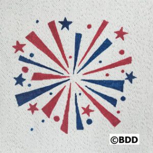 A red, white and blue firework design on a paper.