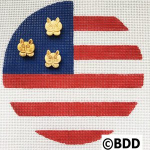 A red white and blue circle with three cats on it