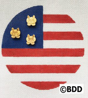 A red white and blue circle with three cats on it