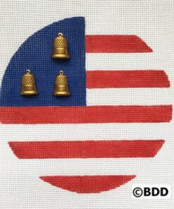 A red white and blue circle with three bells on it