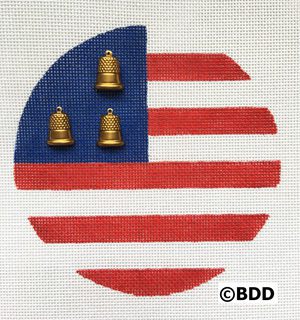 A red white and blue circle with three bells on it