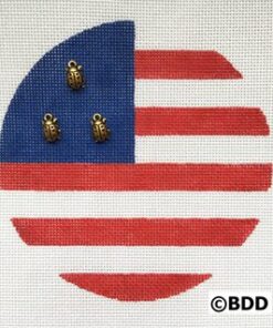 A red white and blue circle with three gold bugs on it.