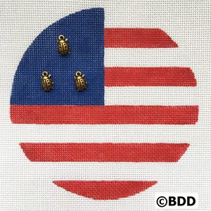 A red white and blue circle with three gold bugs on it.