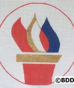 A red, white and blue candle in the center of a circle.