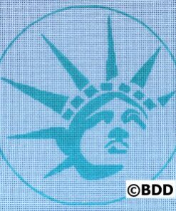 A blue circle with the statue of liberty in it.