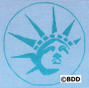 A blue circle with the statue of liberty in it.