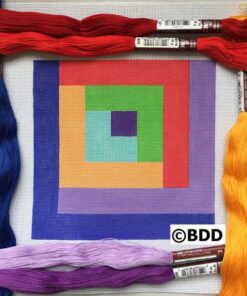 A square with different colors of yarn around it.