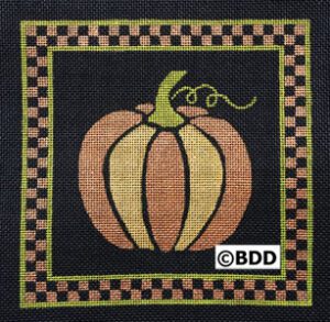 Orange pumpkin with green stem and checkerboard border