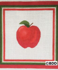 A red apple with green leaves on it.