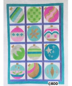 A quilt with twelve different ornaments on it.