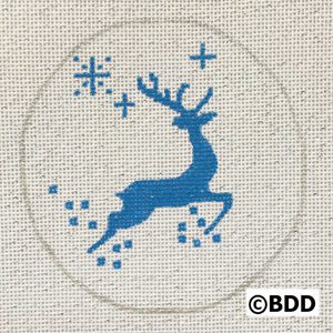 A blue reindeer is in the middle of a circle.