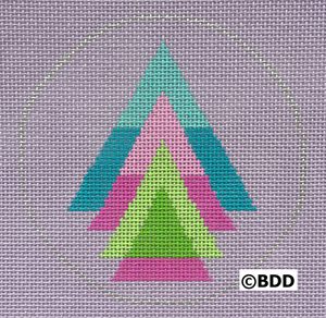 A cross stitch pattern of three different colored triangles.