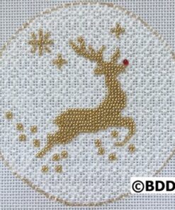 A cross stitch pattern of a reindeer with gold accents.