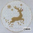 A cross stitch pattern of a reindeer with gold accents.