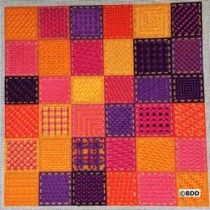 A square of different colored squares with various stitches.