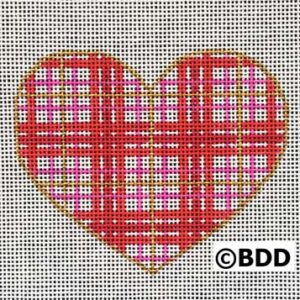 A red heart with pink and gold plaid.