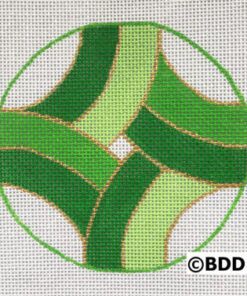 A green and white circle with a gold border.