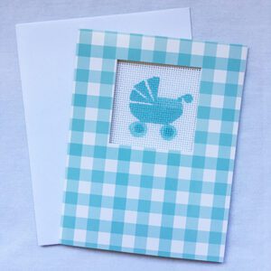 A baby shower card with a blue stroller on it.