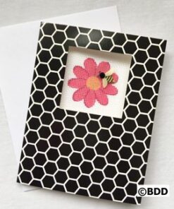 A card with a flower and bee on it.