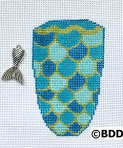 A blue and yellow fish tail with a silver charm.