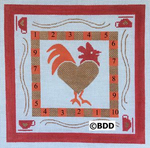 A red and white rooster with numbers on it.