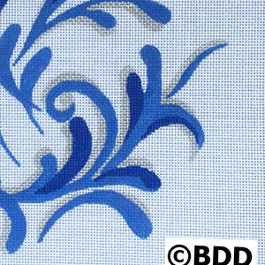 A blue and white floral design on fabric.