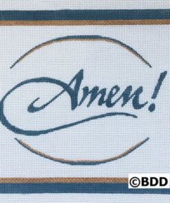 A picture of the word amen written in blue and brown.