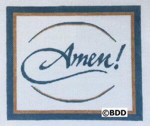 A picture of the word amen written in blue and brown.