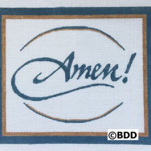 A picture of the word amen written in blue and brown.