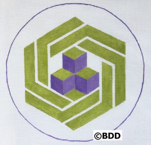 A green and purple geometric design on white paper.