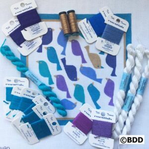 A group of blue and purple yarn, thread, and buttons.