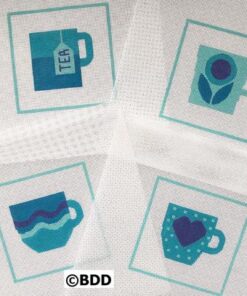 Four blue cups with a heart and flower on them.