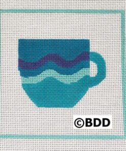 A blue cup with waves on it.