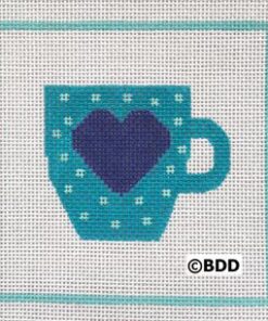 A blue cup with a heart on it.