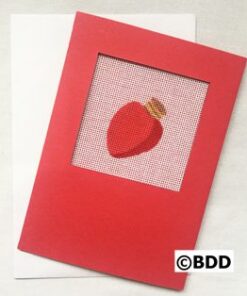 Red greeting card with stitched strawberry motif