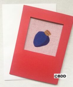 A red card with a blue object in the middle of it.