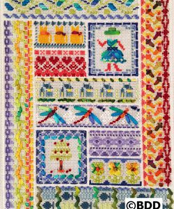 A cross stitch pattern of various designs and colors.