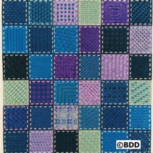 A square of blue and purple fabric with white stitches.