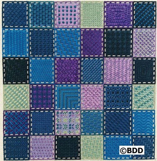 A square of blue and purple fabric with white stitches.