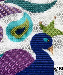 Colorful peacock cross-stitch pattern on fabric.