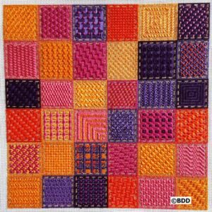 A square of different colored fabric squares.