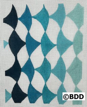 A blue and white pattern is shown on the fabric.