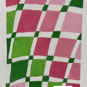 A pink and green checkered pattern on the fabric.