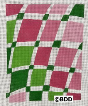 A pink and green checkered pattern on the fabric.